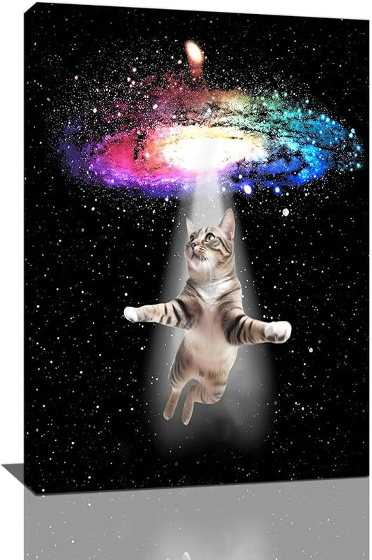 Funny Cat Wall Art Canvas Galaxy Wall Decor Prints Framed Painting Animal Pictures Gifts Artwork for Bathroom Living Dining Kitchen 16"x24"-PawvioPets