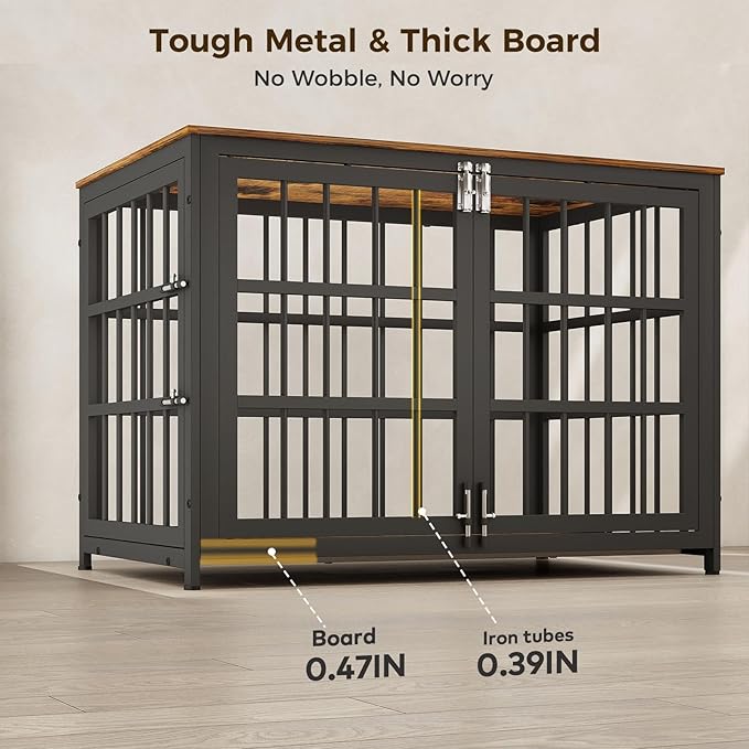 38 Inch Heavy Duty Wooden Dog Kennel End Table with Double Door Design and Secure Locks, Indoor Pet Crate Furniture for Medium Dogs, Decorative Home Cage Design,Aged Black-PawvioPets