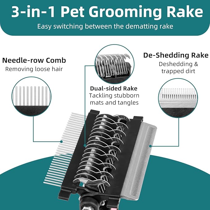 3-IN-1 Pet Grooming Tool - Undercoat Rake, Dematting Comb & Deshedding Brush for Cats & Dogs - Removes Mats, Tangles & Loose Fur, Reduces Shedding & Prevents Hair Mess (Pink)-PawvioPets