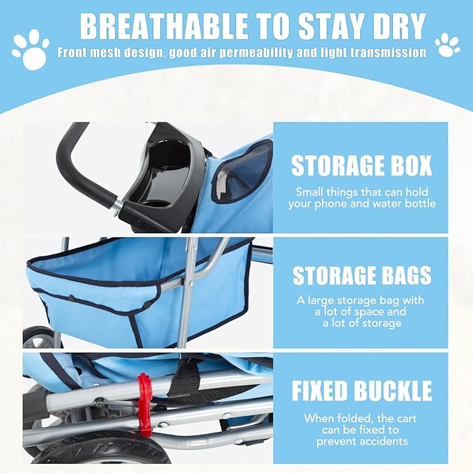 Dog Stroller, Folding 4 Wheels Pet Stroller for Small Medium Dog Cat Travel Carrier with Weather Cover Storage Basket Cup Holders Blue-PawvioPets