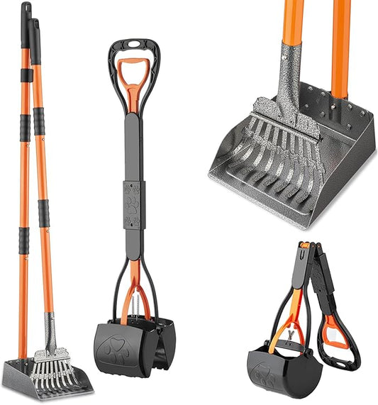 28" Pooper Scooper and 38" Heavy Duty Stainless Steel Rake & Tray Set, 3 in 1 Portable Dog Pooper Scooper Set for Large Medium Small Dogs in Grass, Dirt or Gravel-PawvioPets