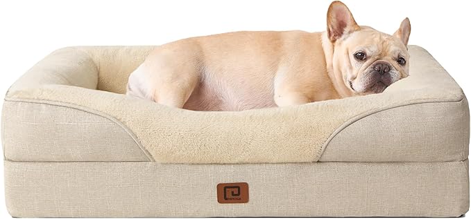EHEYCIGA Memory Foam Dog Bed for Medium Size, Orthopedic Dog Sofa with Sides and Waterproof Liner, Washable Bolster Pet Bed Couch with Removable Cover, 30x20x6.5 Inch, Beige-PawvioPets