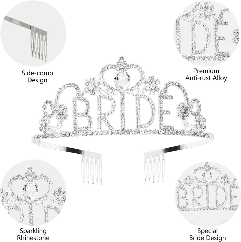 4 Pcs Bachelorette Party Decorations, BRIDE Crown,Pearl Bride Sash,White Bow Bride Veil,Bride Sunglasses for Women Bachelorette Party Gifts, Bridal Shower Supplies, Brides Accessories,Gifts, Favors