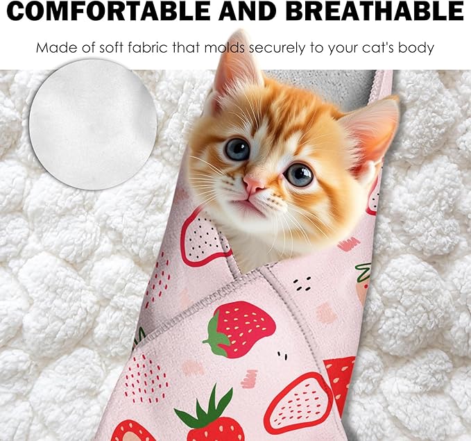 27.6" Cat Grooming Wrap, Self Adhesive Cat Wrap for Cutting Nails, Anti-Escape Calming Cat Swaddle Wrap for Medicine Ear Cleaning, Strawberry Anti-Scratch Cats Burrito Restraint Blanket, Pet Tool-PawvioPets