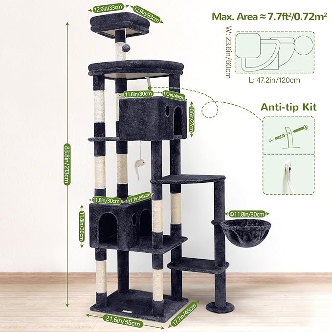 Globlazer Giant Cat Tree, 83 inch Cat Tree for Indoor Cats Large Adult, XXL Cat Tower with 9 Scratching Posts for 20lb+ Heavy Duty Large Adult Cats, F83, Dark Grey-PawvioPets