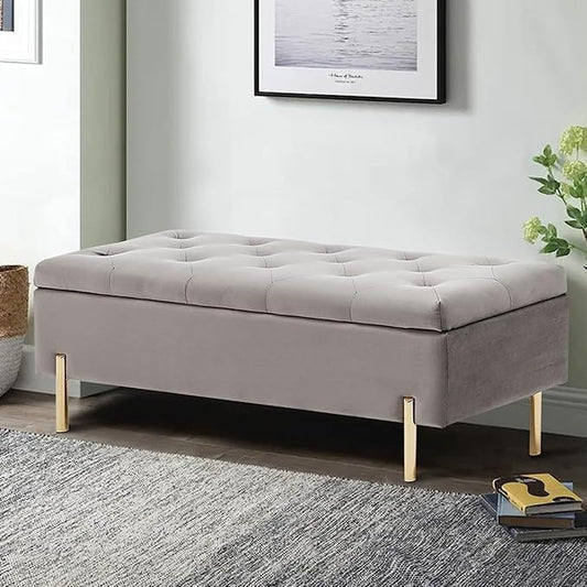 45.6 Inch Velvet Storage Bench, Tufted Upholstered Ottoman with Storage, Bedroom Living Room Entryway Rectangular Accent Bench, Grey-PawvioPets