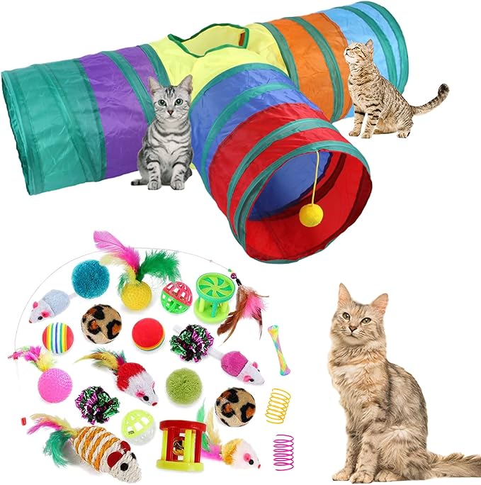 32Pcs Cat Toys Kitten Interactive Pet Toys Assortments, Foldable Rainbow Tunnel, Teaser Wand Fluffy Mouse Crinkle Balls Bell Play for Puppy Kitty (3 way)-PawvioPets