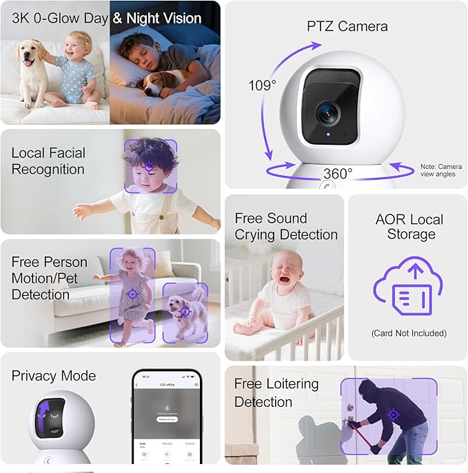5G Security Camera Indoor 2-Pack, No-Monthly-Fee AI Tracking Facial Recognition, 3K Pet/Dog Camera with Speaker/Phone App, PTZ WiFi Baby Monitor Cameras for Home Security, 0-Glow Night Vision-PawvioPets