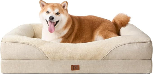 EHEYCIGA Memory Foam Dog Bed for Large Sized, Orthopedic Dog Sofa with Sides and Waterproof Liner, Washable Bolster Pet Bed Couch with Removable Cover, 36x27x7 Inch, Beige-PawvioPets