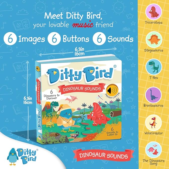 Ditty Bird Dinosaur Book for Toddlers | Realistic Dino Sound Book | Interactive T-Rex Board Books for Toddlers 1-3 | Sensory, Musical Books for Dino Lovers | Sturdy Nursery Rhyme Toys for Baby-PawvioPets