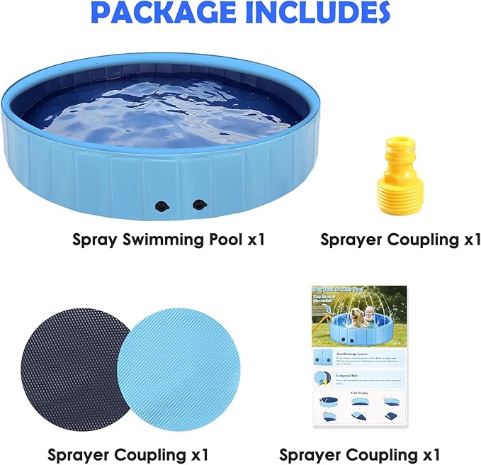 87" Large Dog Pool with Sprinkler, 2-in-1 Foldable Swimming Pool Non-Slip Hard Plastic Splash Sprinkler Kiddie Pool for Outdoor Backyard Kids Dogs Ducks and Pet Baths-PawvioPets