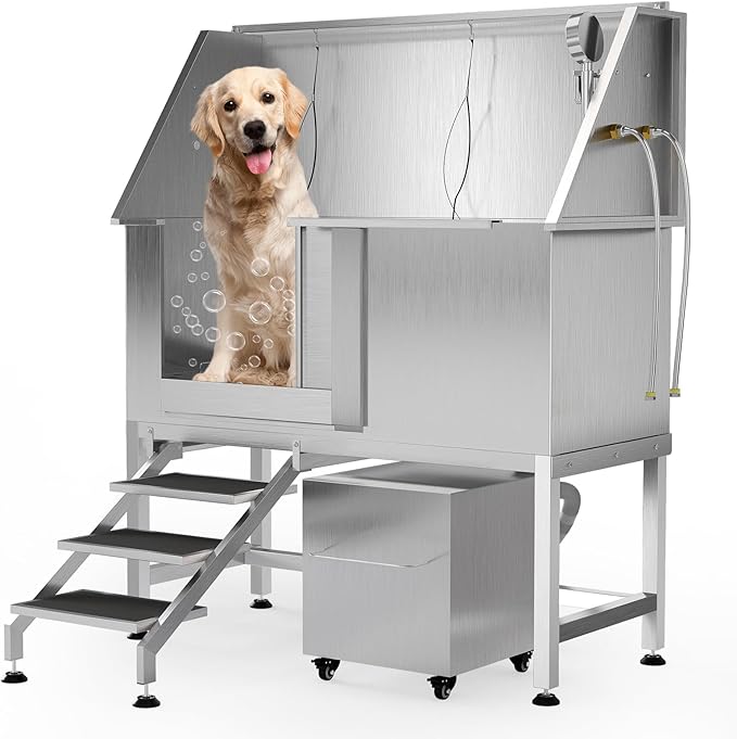 50" Stainless Steel Professional Dog Washing Station - Pet Bathing Tub w/Non-Slip Stairs & Storage Shelf | Slip-Resistant Floor Grate | for Large/Medium/Small Dogs-PawvioPets