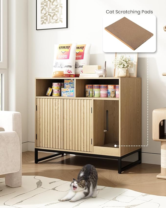 Cat Litter Box Enclosure, Large Hidden Pet Storage Cabinet Furniture with Waveform Fluted Doors & Scratching Pad, Modern Wooden Cat House Indoor for Washroom, Living Room, Bedroom, Natural-PawvioPets