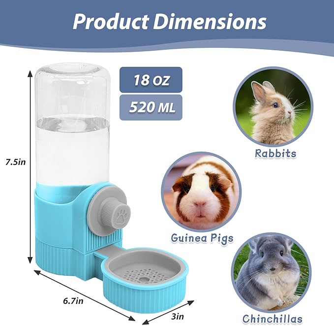 Fhiny Rabbit Water Bottle, 18oz Hanging Guinea Pig Water Bottle No Drip Gravity Bunny Water Dispenser for Cage Automatic Rabbit Waterer for Bunny Guinea Pig Chinchilla Ferret Cat Puppy-PawvioPets