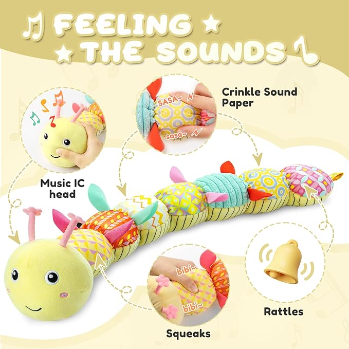 Baby Toys 0 to 12 Months, Musical Stuffed Animal Activity Soft Toys with Multi-Sensory Crinkle, Rattle and Textures, Infant Tummy Time Toys for Newborn Boys Girls, Caterpillar, Yellow-PawvioPets