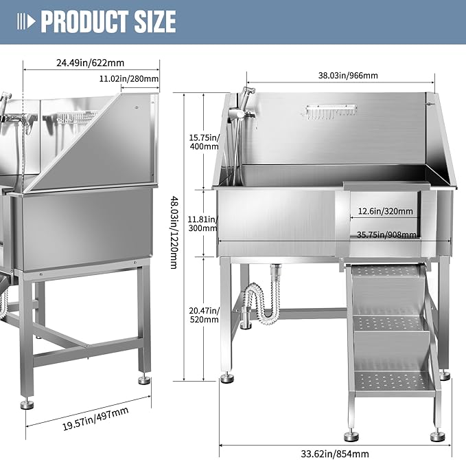38" Pet Dog Bathing Station W/Ramp, Professional Stainless Steel Dog Grooming Tub W/Floor Grate, Faucet, Dog Bathtub for Large,Medium, Small Pets, Washing Sink for Home,R-RAMP-PawvioPets