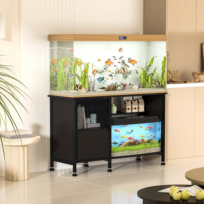 Fish Tank Stand, Modern Aquarium Stand with Built-in Cabinet and Shelves - Sleek Black Iron and Wood Grain Design for Stylish Home Décor（ 51.97" x W 19.69" x H 31.5"） Black-PawvioPets