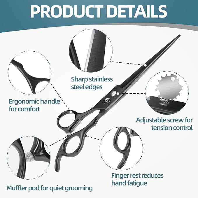 7.0" Professional Dog Grooming Scissors Kit – 3-Piece Set with Straight, Curved & Thinning Shears, Black Japanese Stainless Steel, Includes Grooming Comb for Dogs & Cats-PawvioPets