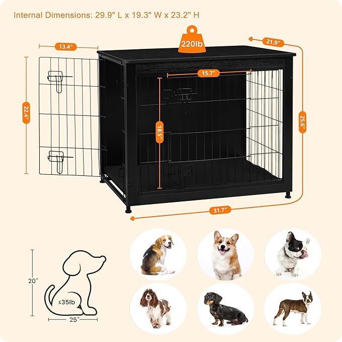 DWANTON Dog Crate Furniture with Cushion, Wooden Kennel Table with Double Doors, Indoor Dog House, Medium Size, 32.5" L, Black-PawvioPets