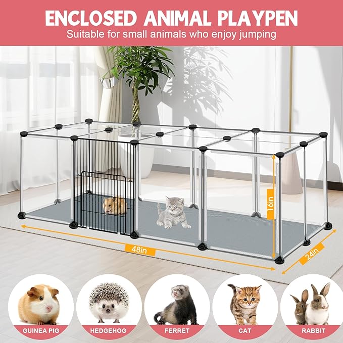 20 Panels Small Animals Playpen, 48" x 24" x 16" Transparent Pet Playpen with Waterproof Mat,Portable Plastic Enclosure Cage for Chicken/Guinea Pigs/Bunny/Ferrets/Hamsters/Hedgehogs Indoors Outdoor-PawvioPets