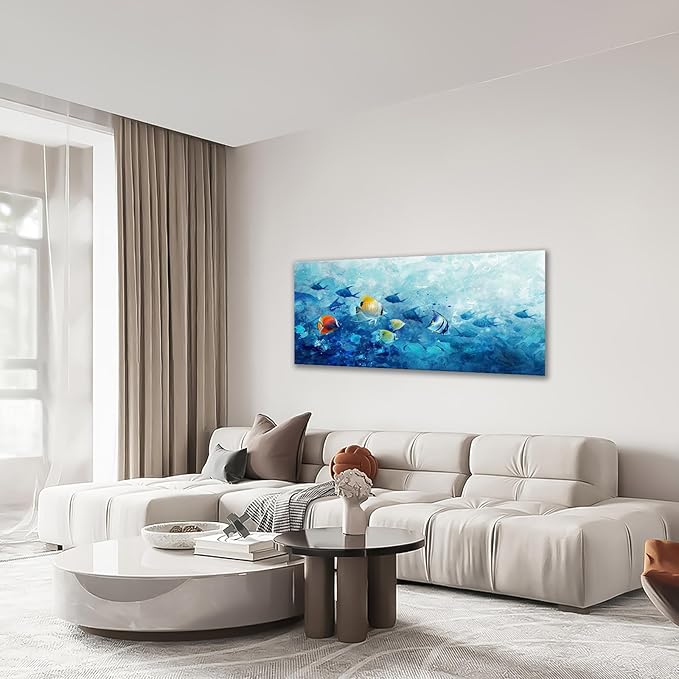 Extra Large Wall Art Tropical Fish Canvas Living Room Pictures Framed Prints Ocean Blue Oversize Wall Decor Animal Painting Artwork for Bedroom Dining Office Home 60"x30"-PawvioPets