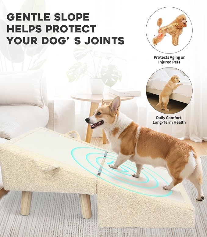 Dog Stairs for Small Dogs and Cats – 2-in-1 Dog Ramp for Bed and Couch, 16.5'' Foldable Wooden Pet Steps, Sturdy Multi-Use Split Ottoman Design, Beige-PawvioPets