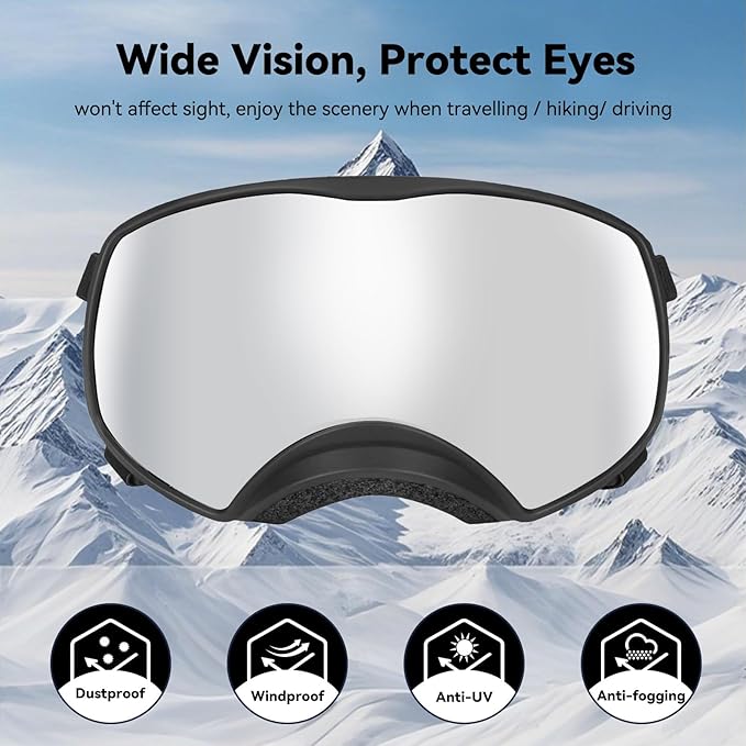 Dog Sunglasses UV Protection Clear Dog Goggles Windproof Glasses with Elastic Straps for Medium-Large Breed, Black Frame + Silver Lens-PawvioPets
