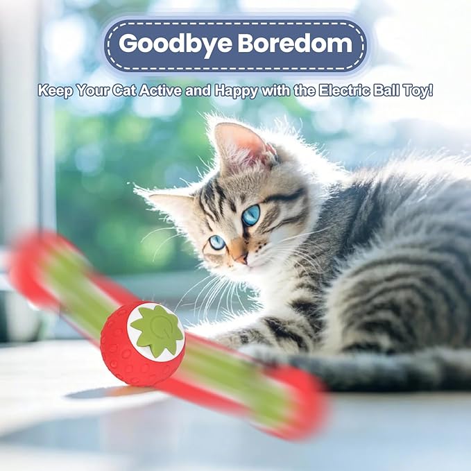 2Pcs Self-Moving Electric Cat Toy Ball with LED - Automatic Interactive Cat Toys for Indoor Cats, Smart Strawberry Design Stimulates Hunting Instincts, Boredom Relief & Exercise for Solo Play-PawvioPets