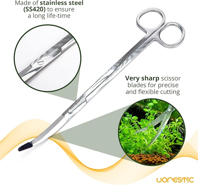 2PCS 15" Curved Aquarium Tweezers Long and 9.8" Aquarium Scissors, Feeding Tongs and Scissors with Protective Cap, Stainless Steel Aquascaping Tools for Plant Trimming and Reptile Feeding-PawvioPets