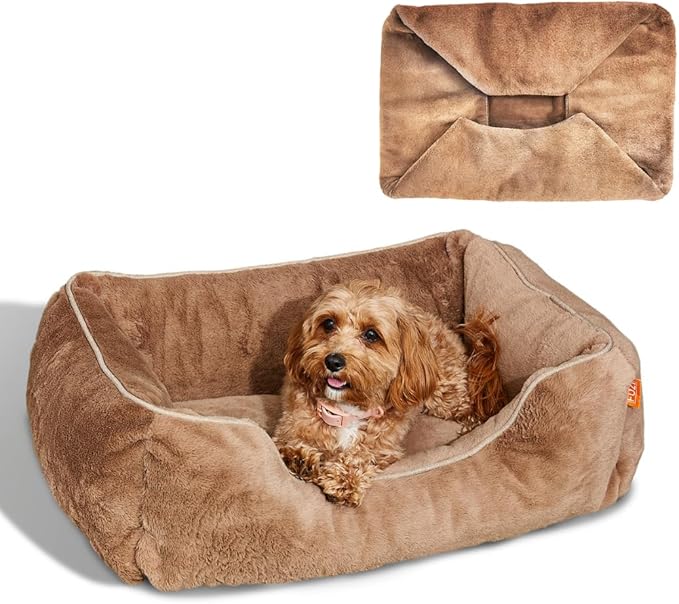 FUZI Luxury Dog Bed with Extra Cover for Small Dogs, Washable Pet Couch, Pet Bed with Sides, Non-Slip Bottom, Soft & Durable Calming Dog Bed, Faux Rabbit Fur, Small 25.1x16.75x9.5 Light Brown-PawvioPets