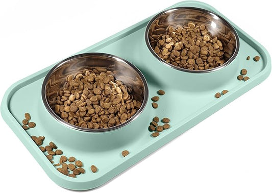 Cat Food Bowls, Cat Bowls Non-Skid and Non-Spill Silicone Pads with PP Stand, Removable Stainless Steel Food and Water Dishes for Cats, Small Size Dogs-PawvioPets