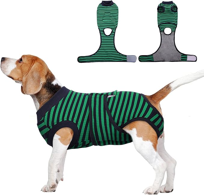 FUAMEY Recovery Suit for Dogs After Surgery,Soft Breathable Dog Bodysuit E-Collar & Cone Alternative Surgical Suit,Male Female Dog Neuter Spay Suits Anti Licking Wounds Onesie Green Black Stripes XXL-PawvioPets