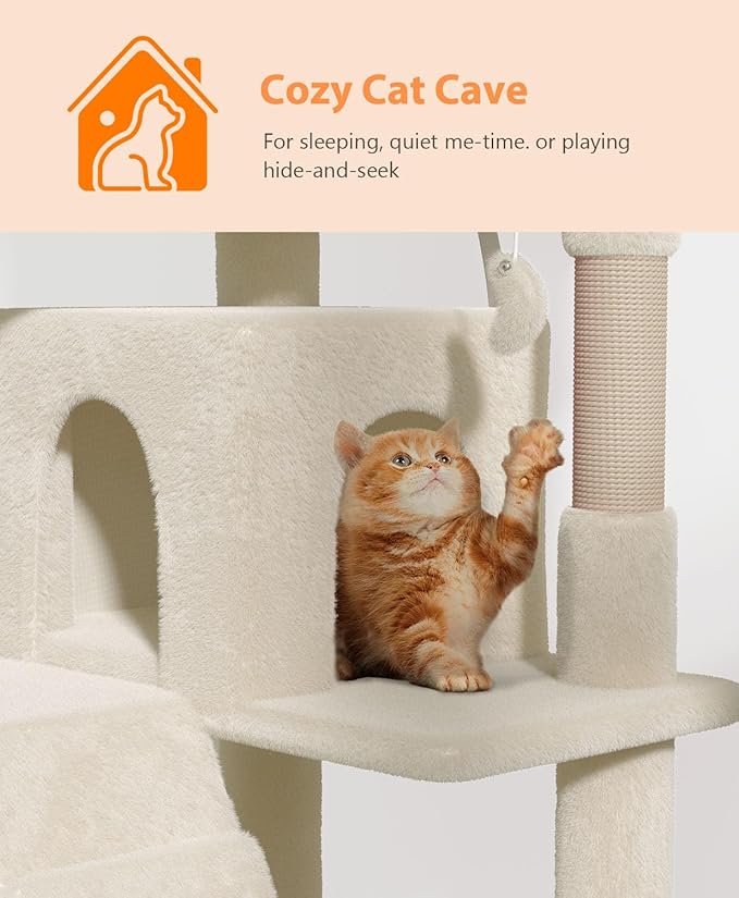 60'' Cat Tree Tower for Indoor Cats Large Adult,Cute/Tall Modern Cat Tree for Big Cats 20 lbs, Plush Multi-Level Cat Condo with Scratching Posts, Dangling Ball Indoor (Beige, 60 inch)-PawvioPets
