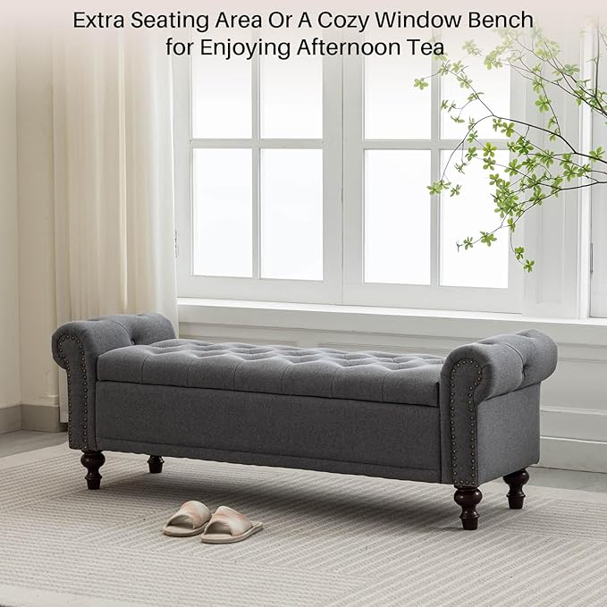 58.1'' Storage Bench Upholstered Linen End of Bedroom Bed Bench Ottoman with Tufted Cushioned Rolled Arm Large Storage Space for Reading Living Room Entryway, Grey-PawvioPets