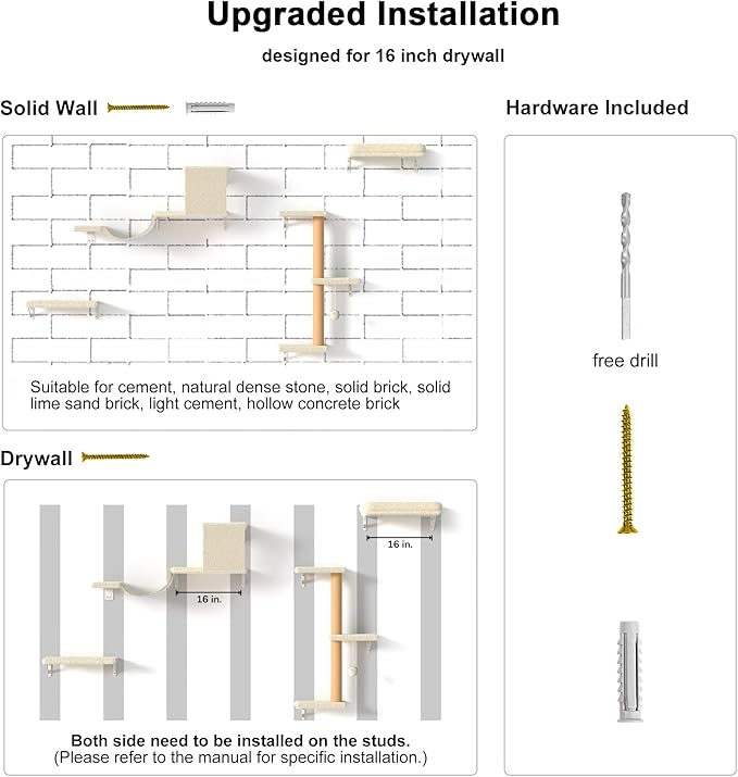 FUKUMARU Cat Wall Shelves, Stable & Safe 4 in 1 Large Cat Walls Furniture Set, Wooden Kitten Climbing Wall with Scratching Post for 16 Inch Drywall - Beige-PawvioPets