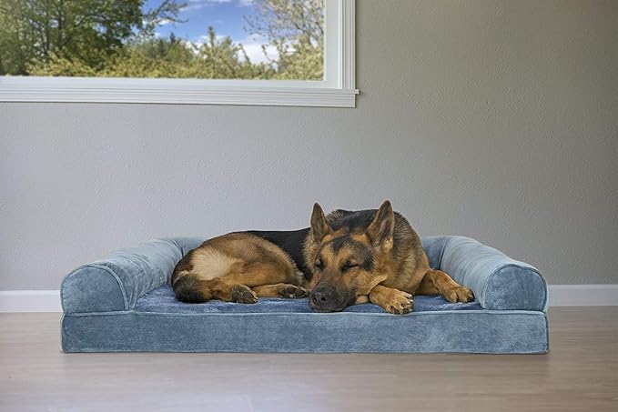 Furhaven Orthopedic Dog Bed for Large Dogs w/ Removable Bolsters & Washable Cover, For Dogs Up to 95 lbs - Faux Fur & Velvet Sofa - Harbor Blue, Jumbo/XL-PawvioPets