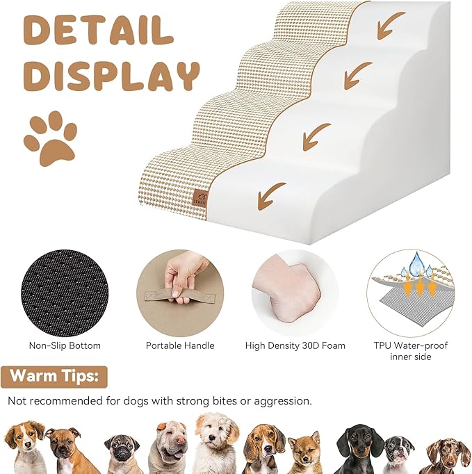 Dog Ramp and Stair for Bed 16" H-20 H,3-Step Cat Stair for Sofa and Chair,4-Step Dog Ramp for High Bed and Window,Durable Nonslip Fabric Cover for Indoor (Beige-20 H, Pet Friendly, 4)-PawvioPets