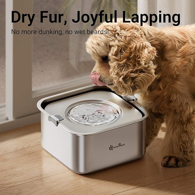DownyPaws No Spill Water Bowl for Dogs,101oz/3L Stainless Steel Slobber Stopper, No Drip Slow Drinking Dog Water Bowl, No Mess Dog Water Dispenser Spill Proof, Dishwasher Safe, Silver-PawvioPets