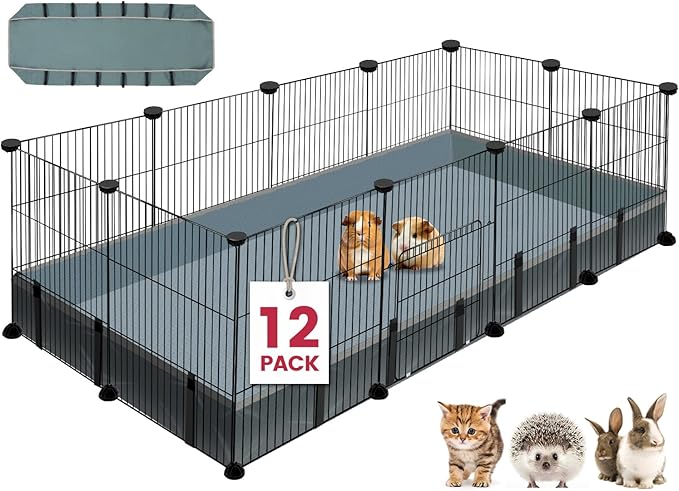 12 Panels Small Animal Playpen,Pet Playpen with Waterproof Mat,C&C Cage for Guinea Pigs,Puppy Play Pen,Bunny Playpen,Indoor Outdoor Portable Metal Wire Yard Fence-PawvioPets