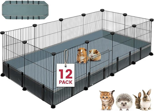 12 Panels Small Animal Playpen,Pet Playpen with Waterproof Mat,C&C Cage for Guinea Pigs,Puppy Play Pen,Bunny Playpen,Indoor Outdoor Portable Metal Wire Yard Fence-PawvioPets