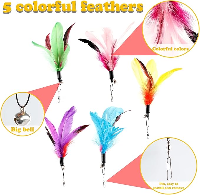 Cat Feather Toys Interactive Cats - Dorakitten Cat Powerful Suction Cup Handheld Teaser Wand Toy and 5PCS Replacement Feather with Bell for Kitty Kitten Scratching Exercise Indoor-PawvioPets