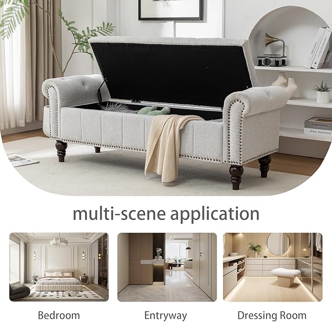 58’’ Storage Bench for Bedroom, Upholstered Button-Tufted Ottoman with Solid Wood Legs, Queen Size End of Bed Shoe Cabinet, Window Seat Foot Rest Stool for Entryway, Living Room (Silver)-PawvioPets