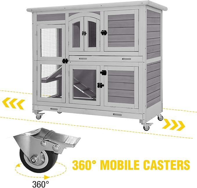 Aivituvin Rabbit Hutch Indoor, Bunny Cage with Wheels, 2-Story Design, 2 Deep Trays, Anti Slip Ramp, Ideal for Small Animals - Grey-PawvioPets