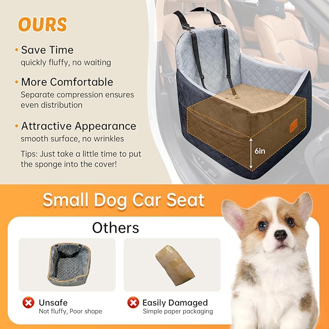 Dog Car Seats for Small/Medium Dogs, FurFrolic Memory Foam Dog Booster Seat for Small Dogs up to 35 lbs, Travel Pet Car Seat with Washable Detachable Cover, Storage Pockets, 2 Safety Belts, Black Gray-PawvioPets