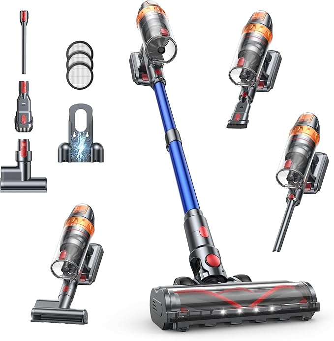 Cordless Vacuum Cleaner, 600W with Extra Mattress Cleaning Tool, 45KPA Stick Vacuum Cleaners for Home 60 Mins Runtime, Self-Standing, Wall Mount Charging, Rechargeable Vacuum for Floor Carpet Pet Hair-PawvioPets