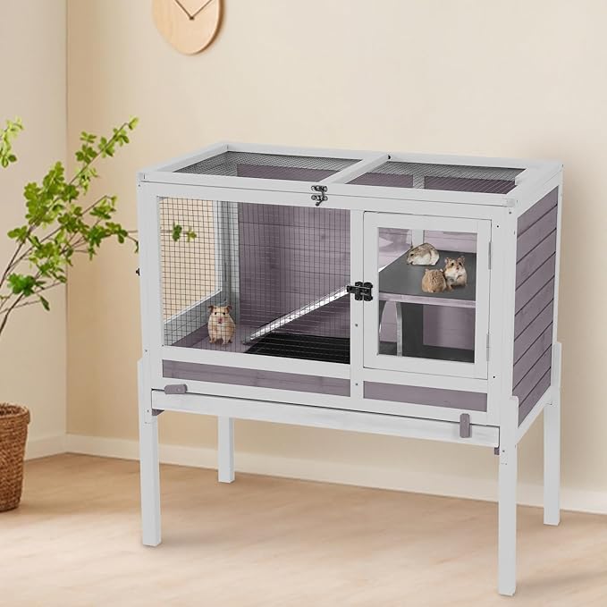 AIVITUVIN Wooden Guinea Pig Cage Indoor with Cooling Plate and Anti-Chewing Edges Two-Story Rabbit Hutch Pull Out Tray Outdoor Rabbit Cage with Raised Stand and Wire Mesh Small Animals Cage (Grey)-PawvioPets