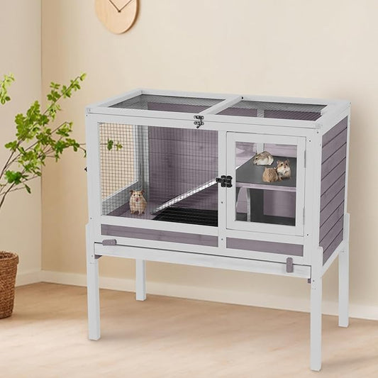 AIVITUVIN Wooden Guinea Pig Cage Indoor with Cooling Plate and Anti-Chewing Edges Two-Story Rabbit Hutch Pull Out Tray Outdoor Rabbit Cage with Raised Stand and Wire Mesh Small Animals Cage (Grey)-PawvioPets