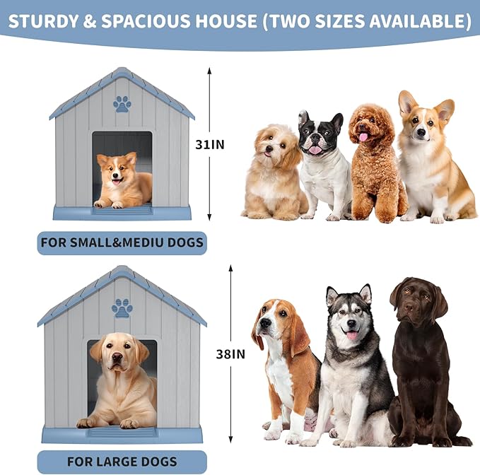 DRATO Dog House Indoor Outdoor for Small to Large Sized Dogs Indoor Outdoor Doghouse Puppy Shelter with Elevated Floor, Easy to Assemble (Blue, 31Inch(31.18 * 33.7 * 32.52))-PawvioPets