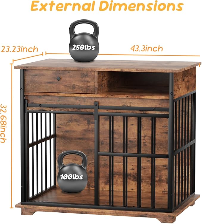 35.5" Dog Crate Furniture, Wooden Dog Crate Furniture for Medium Small Dogs, Wooden Dog Kennel End Table with Drawer and Open Shelves, Sliding Door Dog Kennel Furniture-PawvioPets