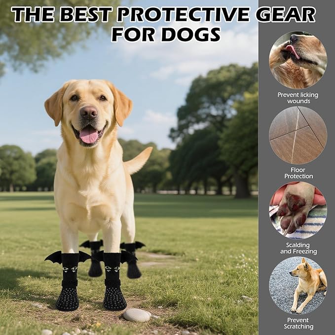 EXPAWLORER Halloween Anti Slip Dog Socks to Prevent Licking Paws, Boots & Paw Protectors with Grippers,Doggie Booties for Hardwood Floors for Small Medium Large Senior Dogs Costume Black Devil Wings L-PawvioPets